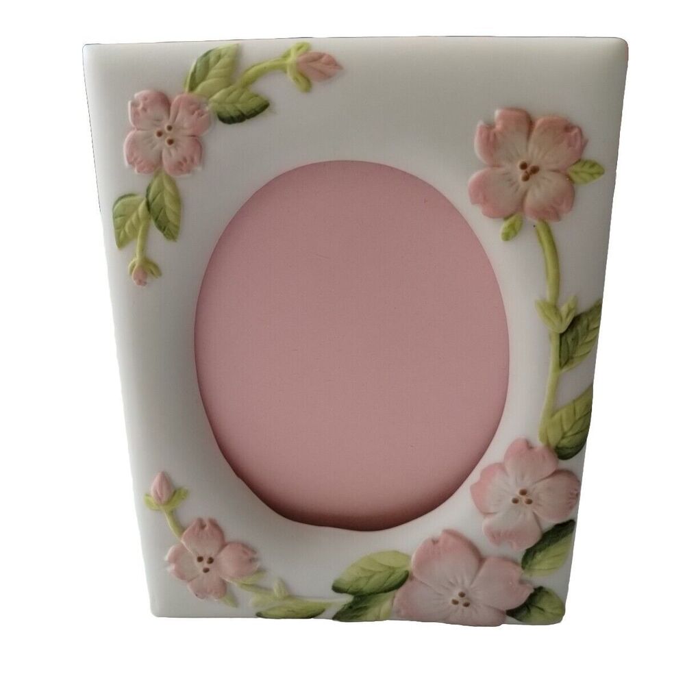 Lefton China Hand Painted Picture Frame 1985 Taiwan 3D Pink Flowers Matte Spring